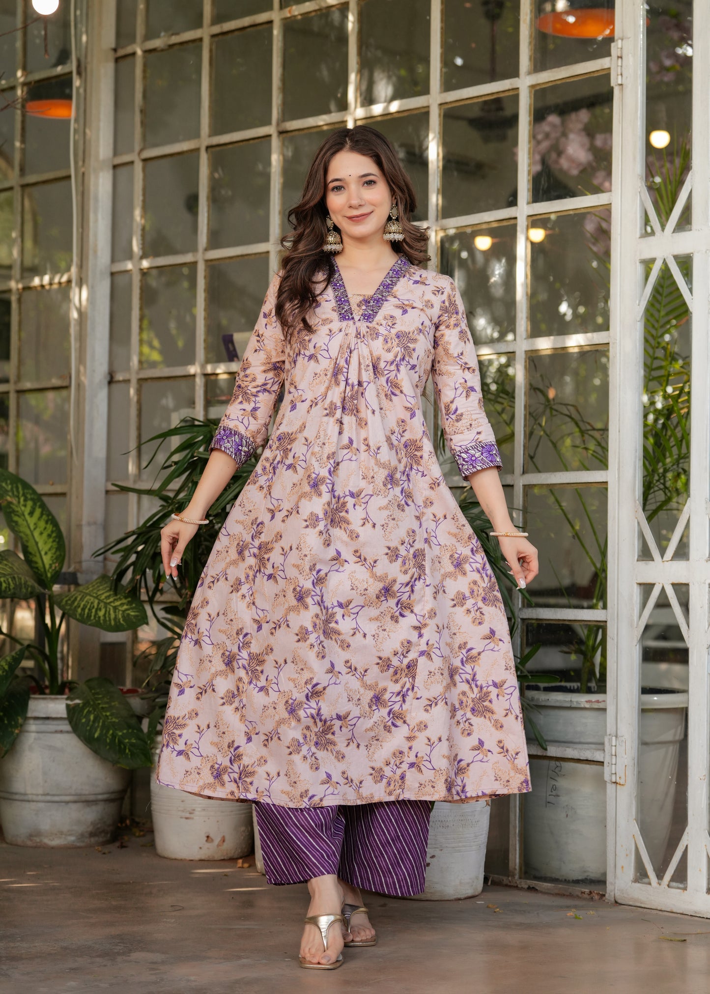 Lavender Purple Pure Cotton Printed Kurta Pant Dupatta Set