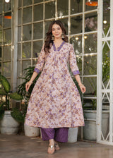 Lavender Purple Pure Cotton Printed Kurta Pant Dupatta Set