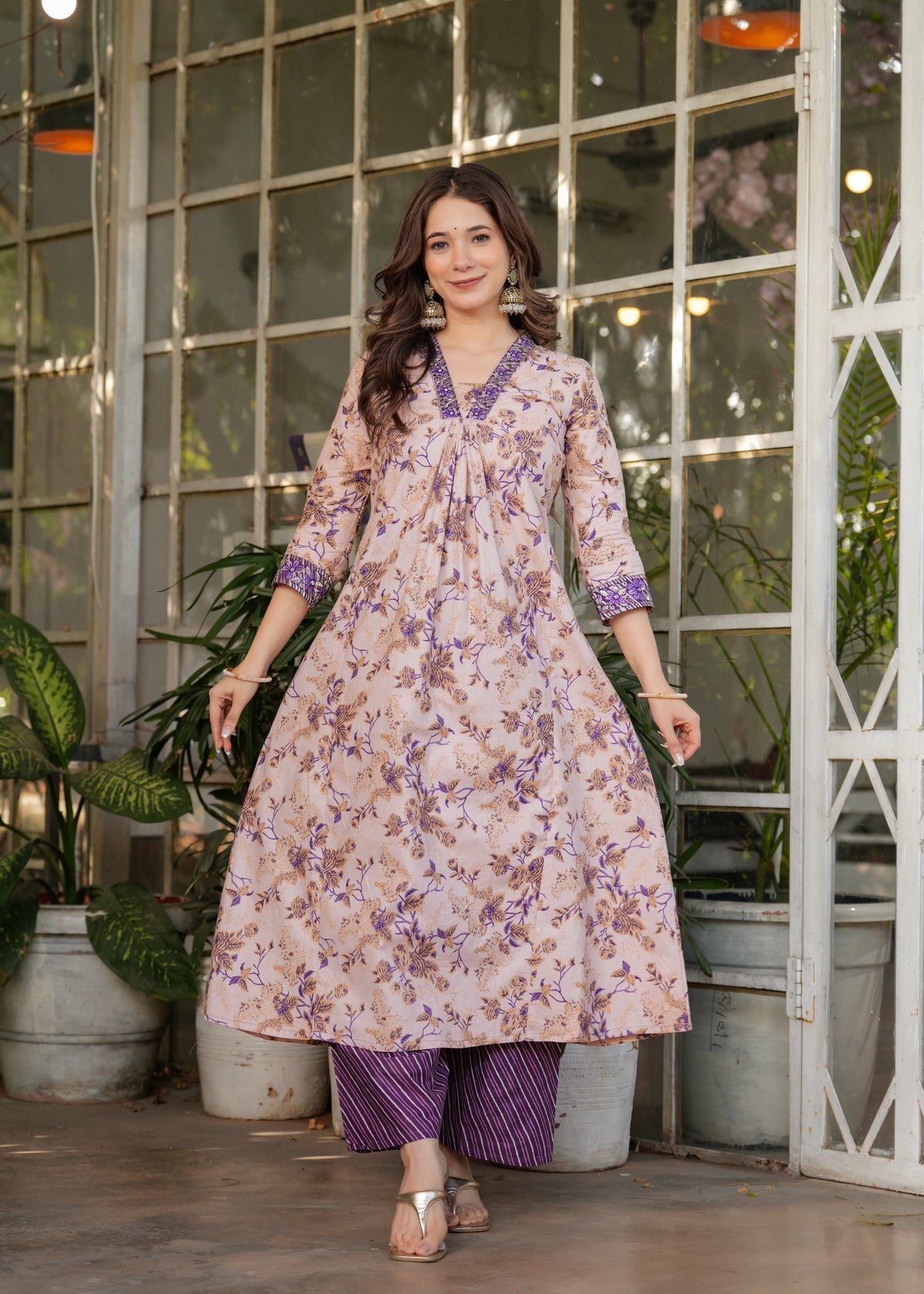 Lavender Purple Pure Cotton Printed Kurta Pant Dupatta Set