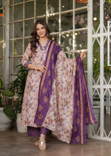 Lavender Purple Pure Cotton Printed Kurta Pant Dupatta Set