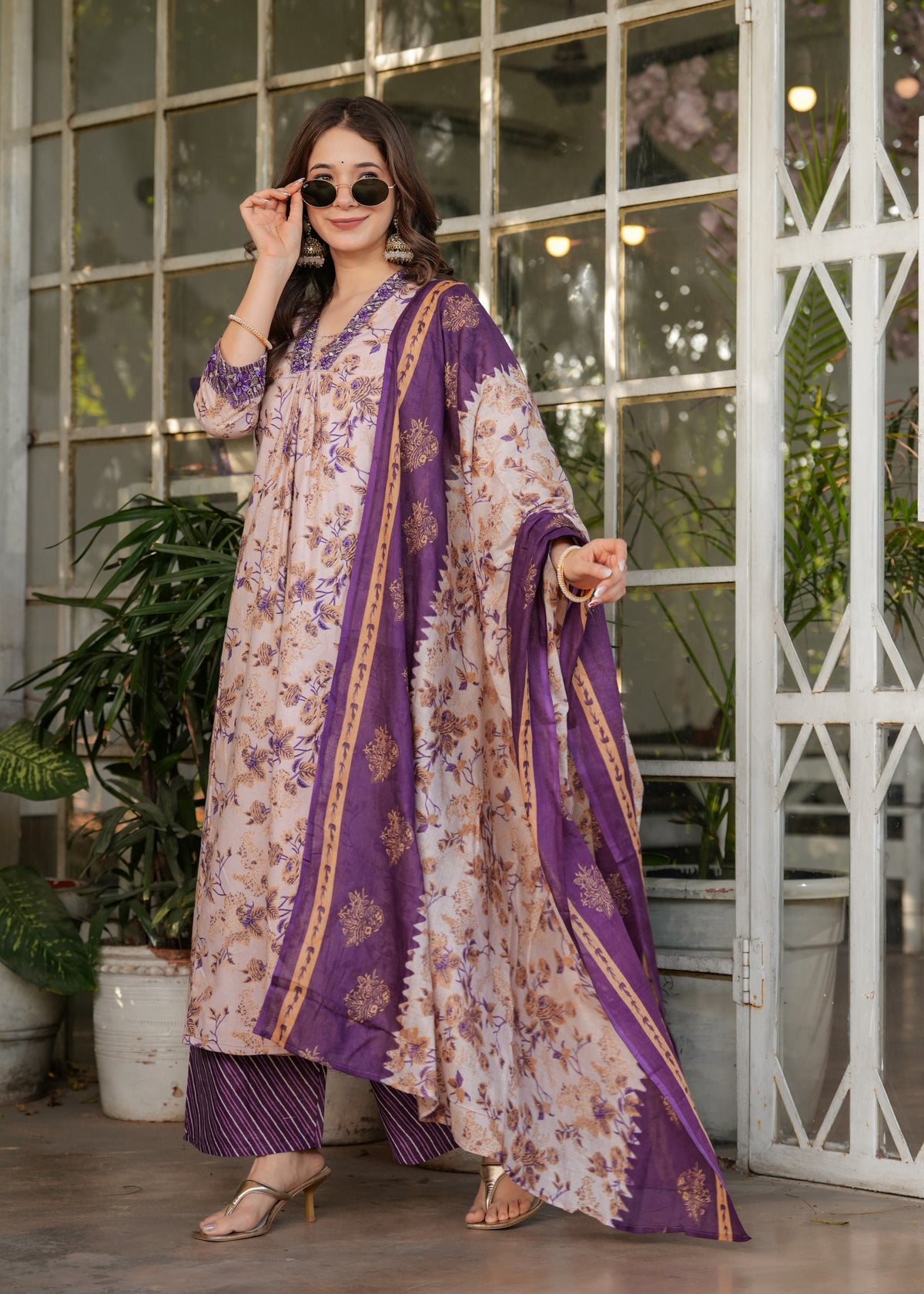 Lavender Purple Pure Cotton Printed Kurta Pant Dupatta Set