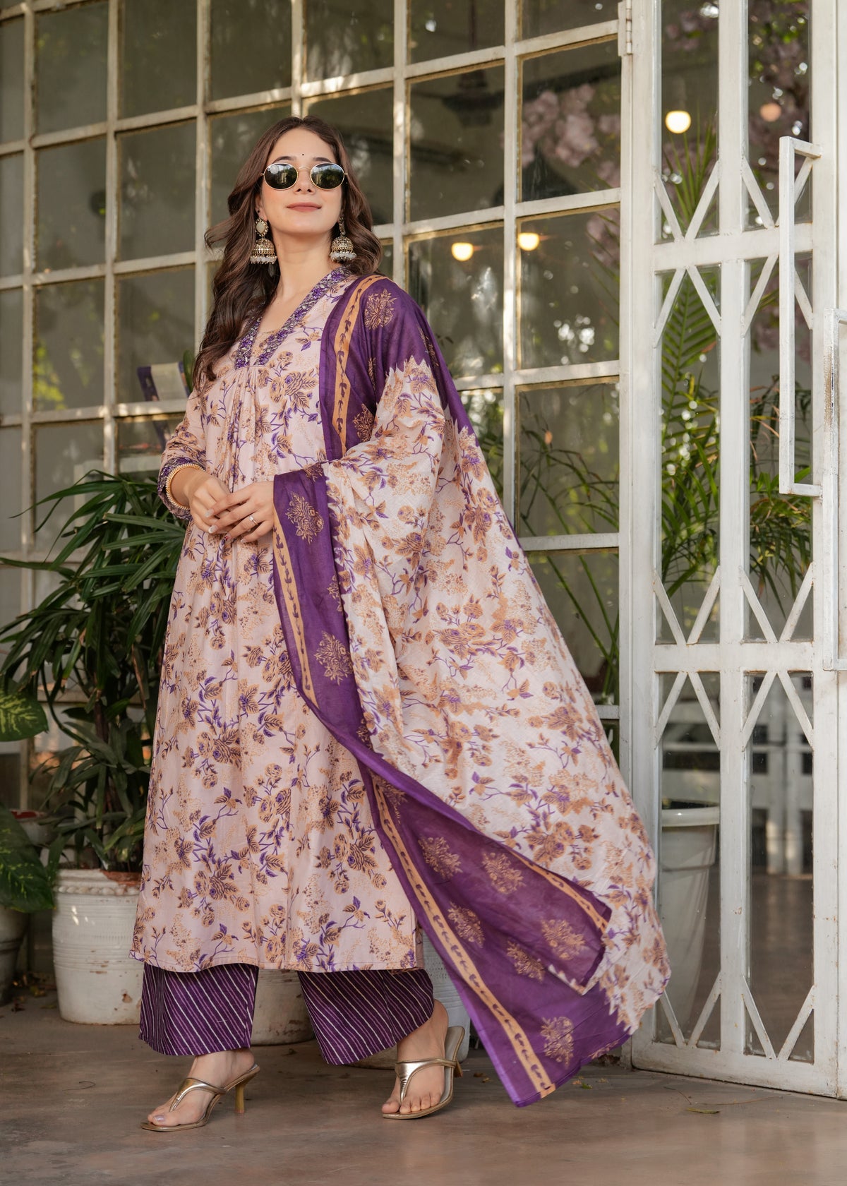 Lavender Purple Pure Cotton Printed Kurta Pant Dupatta Set