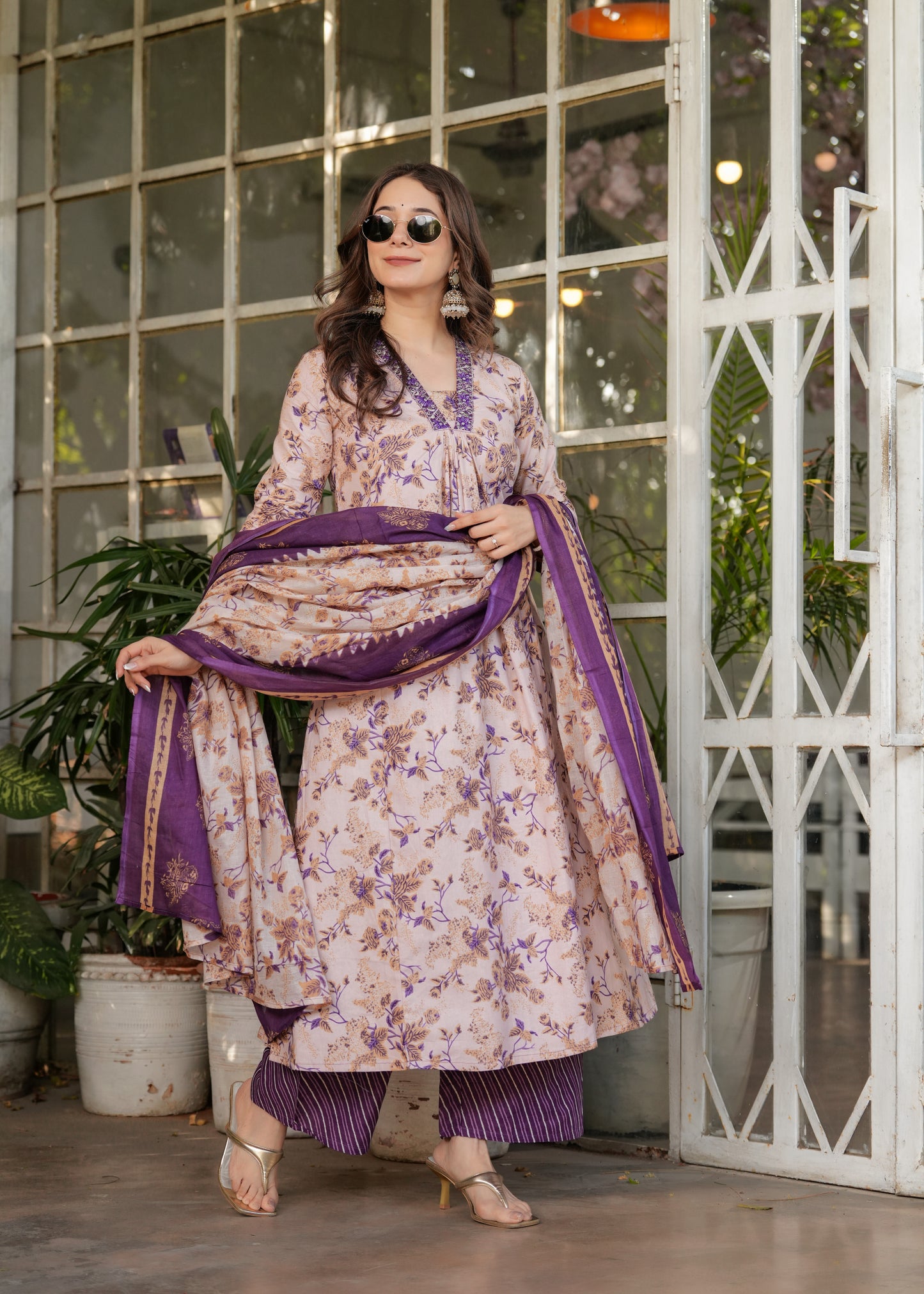 Lavender Purple Pure Cotton Printed Kurta Pant Dupatta Set