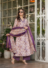 Lavender Purple Pure Cotton Printed Kurta Pant Dupatta Set