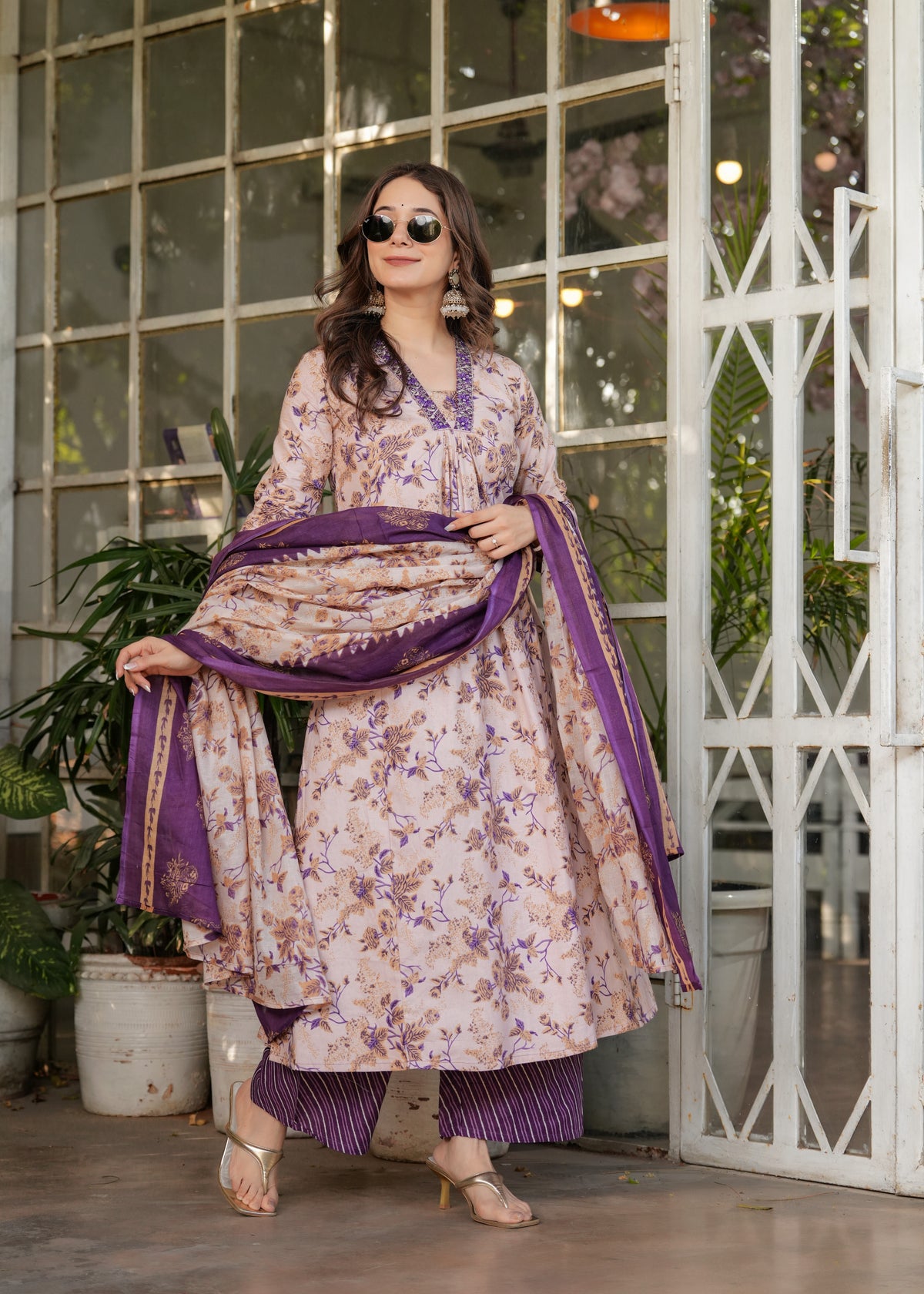Lavender Purple Pure Cotton Printed Kurta Pant Dupatta Set