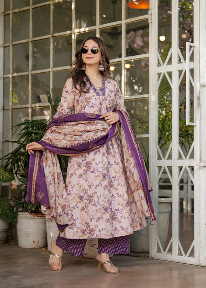 Lavender Purple Pure Cotton Printed Kurta Pant Dupatta Set