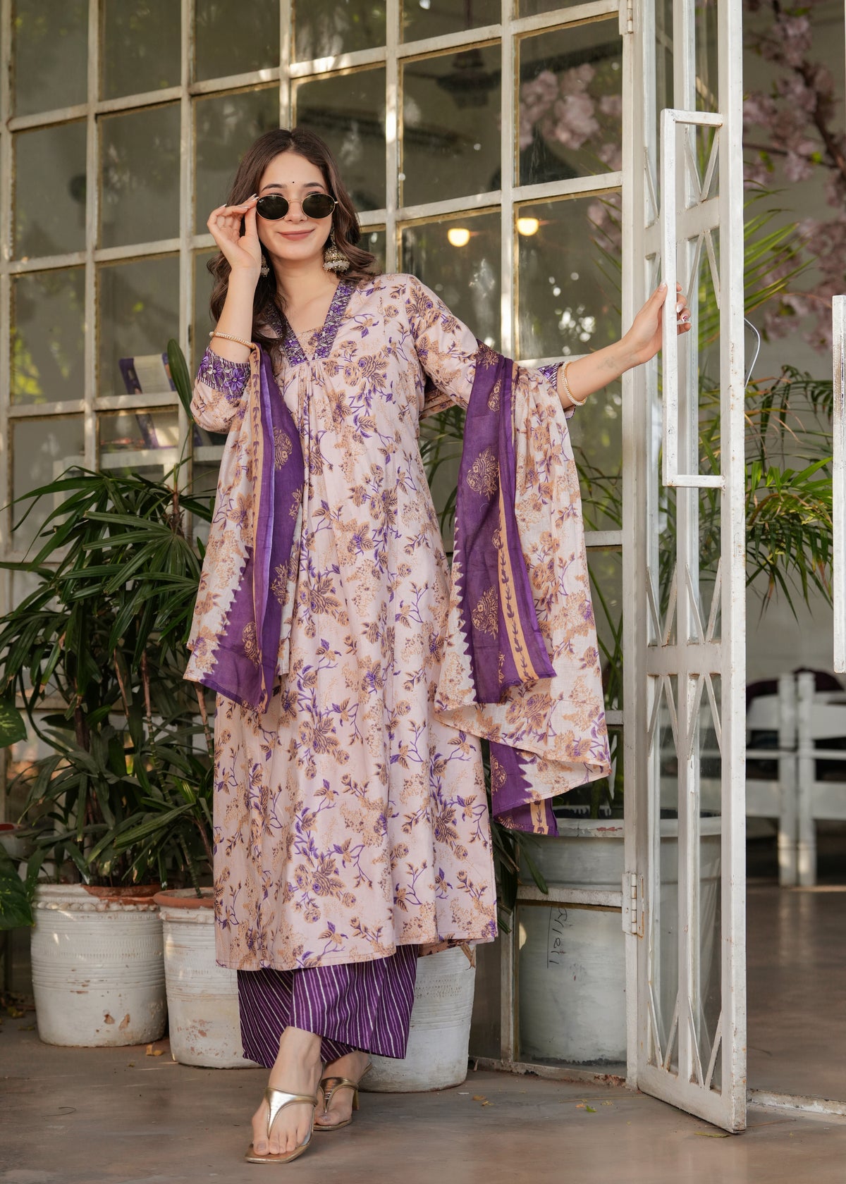 Lavender Purple Pure Cotton Printed Kurta Pant Dupatta Set