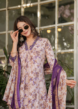 Lavender Purple Pure Cotton Printed Kurta Pant Dupatta Set