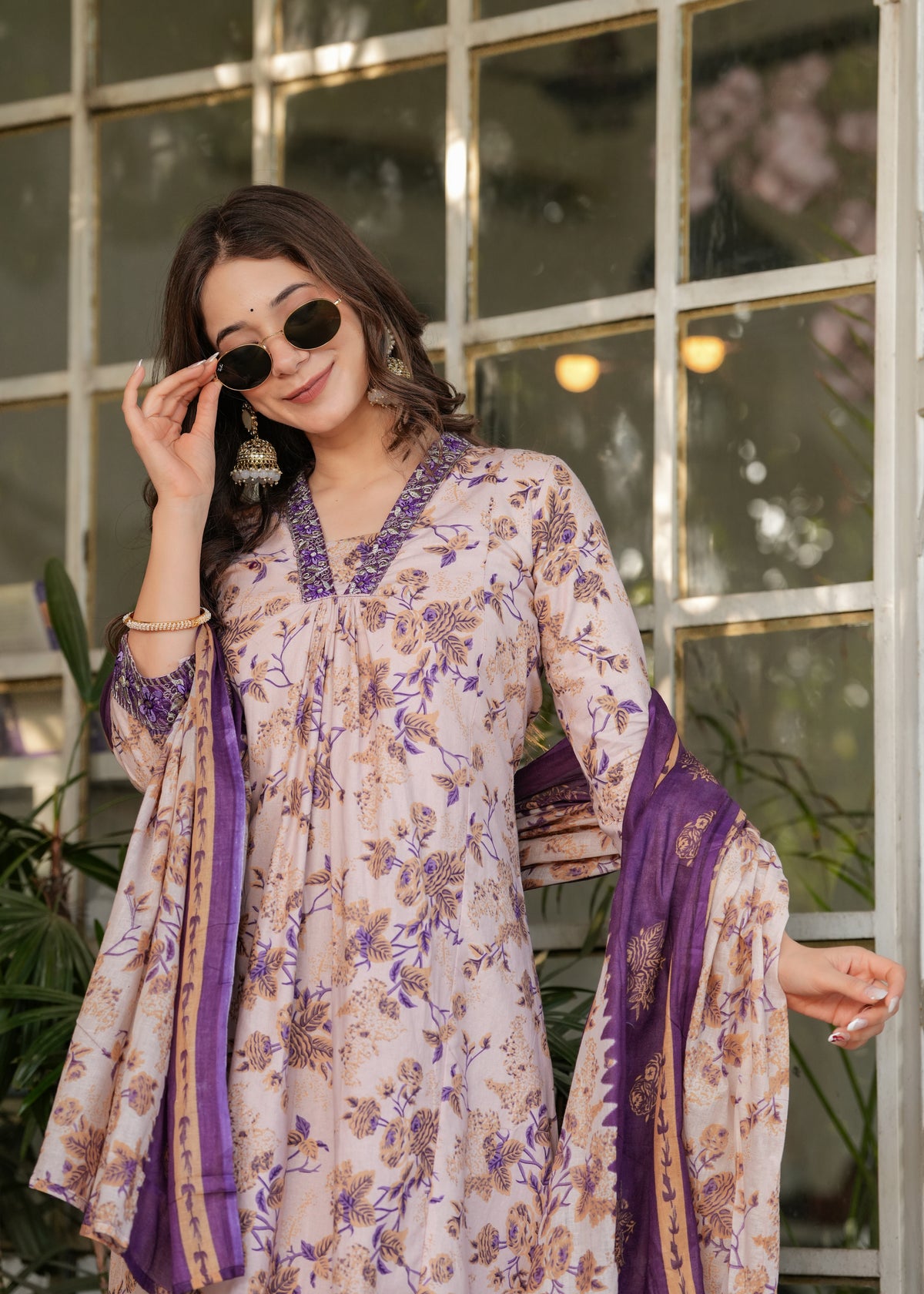 Lavender Purple Pure Cotton Printed Kurta Pant Dupatta Set