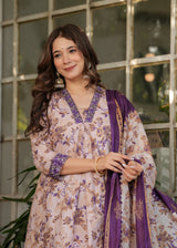 Lavender Purple Pure Cotton Printed Kurta Pant Dupatta Set