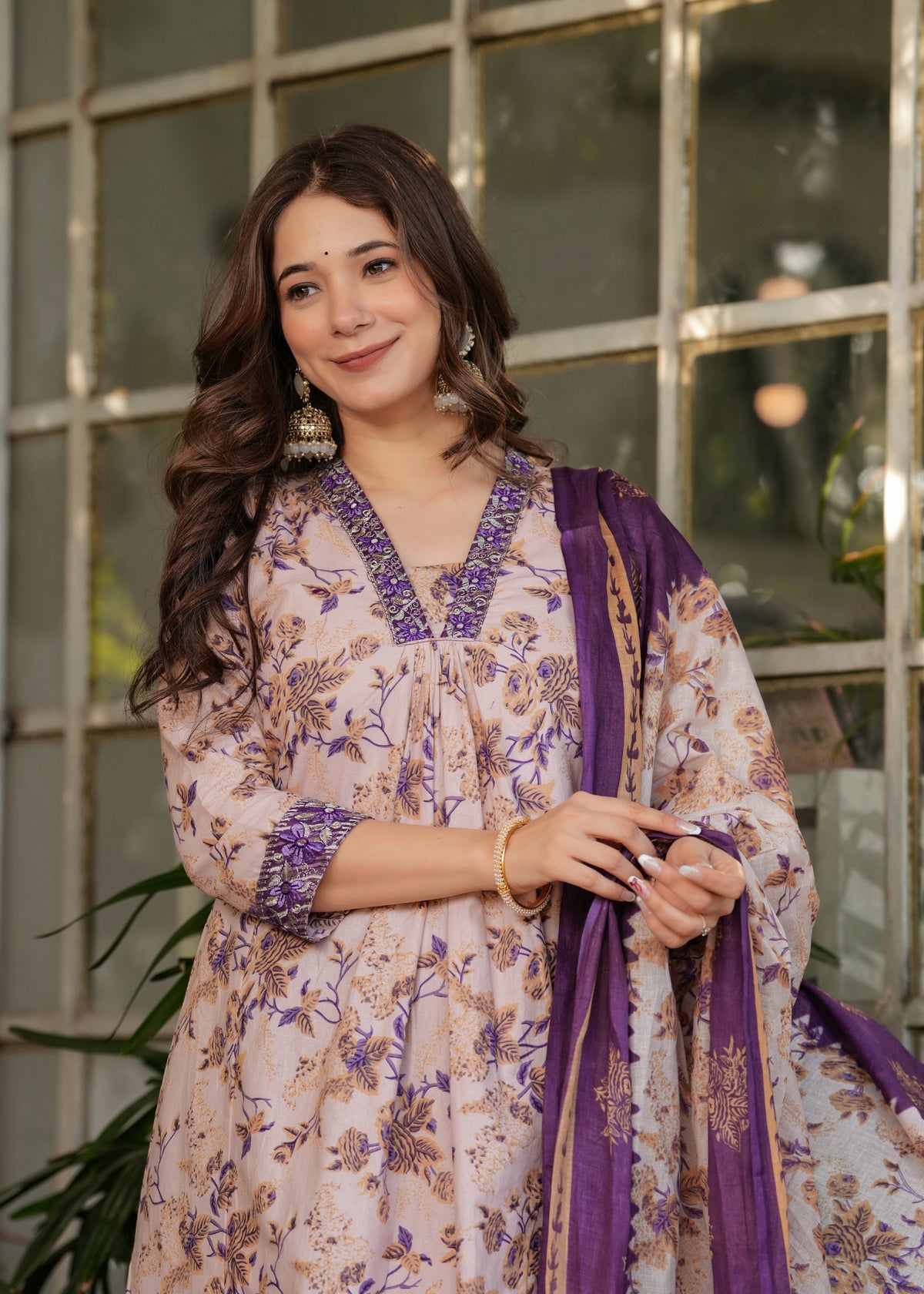 Lavender Purple Pure Cotton Printed Kurta Pant Dupatta Set