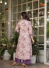 Lavender Purple Pure Cotton Printed Kurta Pant Dupatta Set