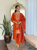Orange Embroidered Viscose Chinon Kurta Set