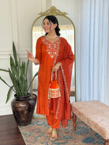 Orange Embroidered Viscose Chinon Kurta Set