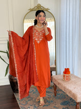 Orange Embroidered Viscose Chinon Kurta Set