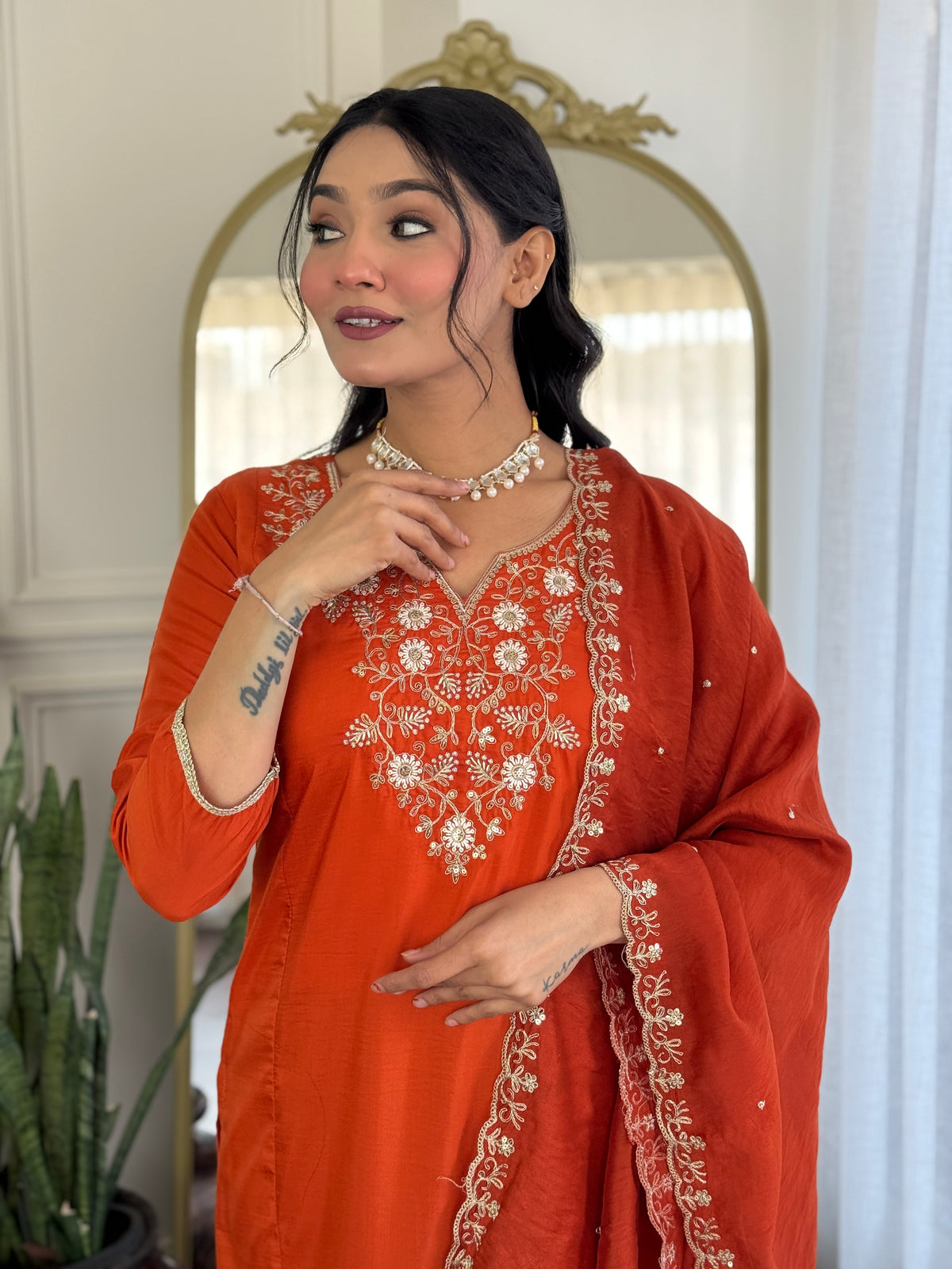 Orange Embroidered Viscose Chinon Kurta Set