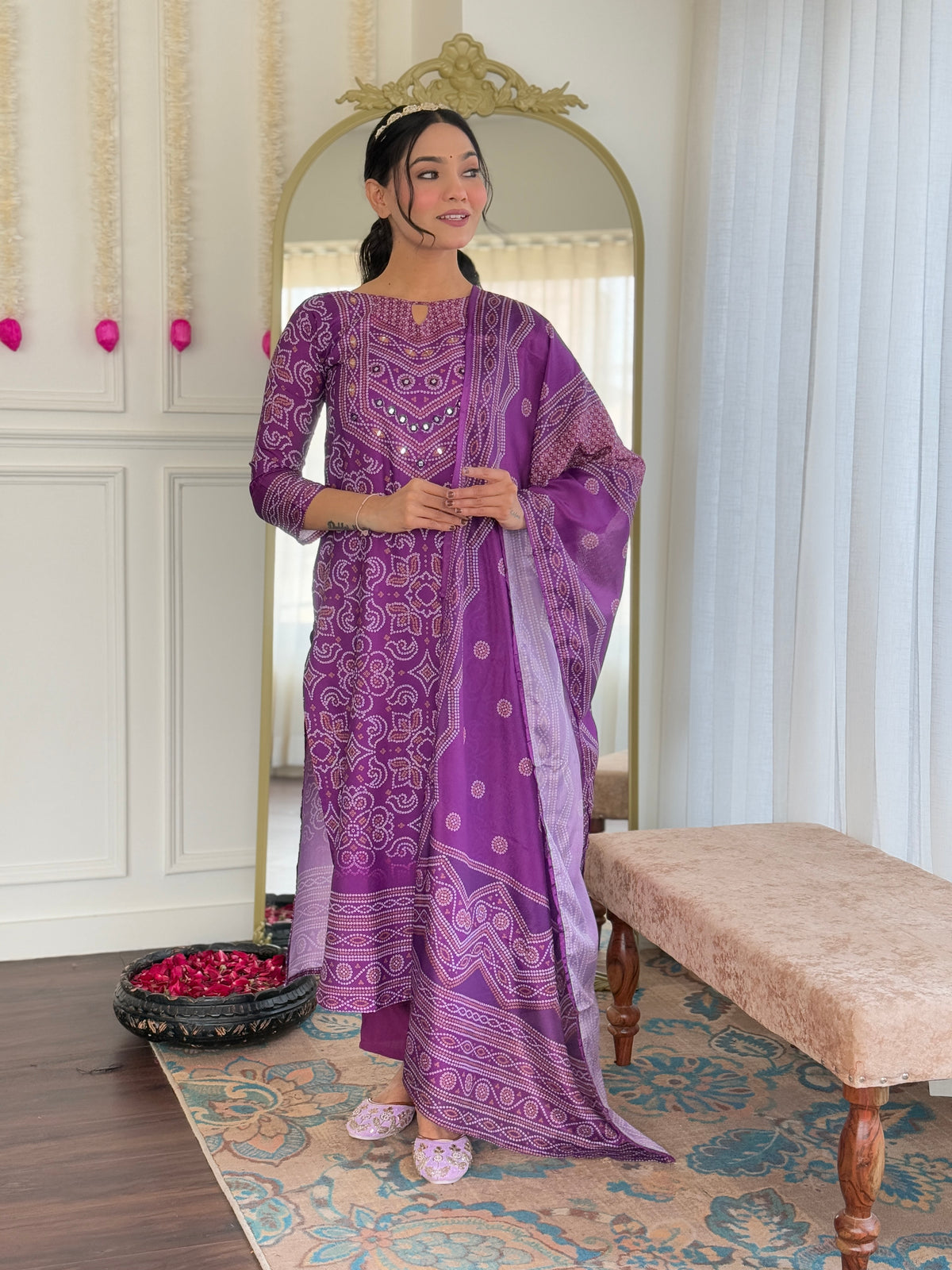 Purple Hand Mirror Work Crepe Kurta Set