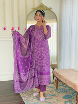 Purple Hand Mirror Work Crepe Kurta Set