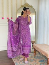 Purple Hand Mirror Work Crepe Kurta Set