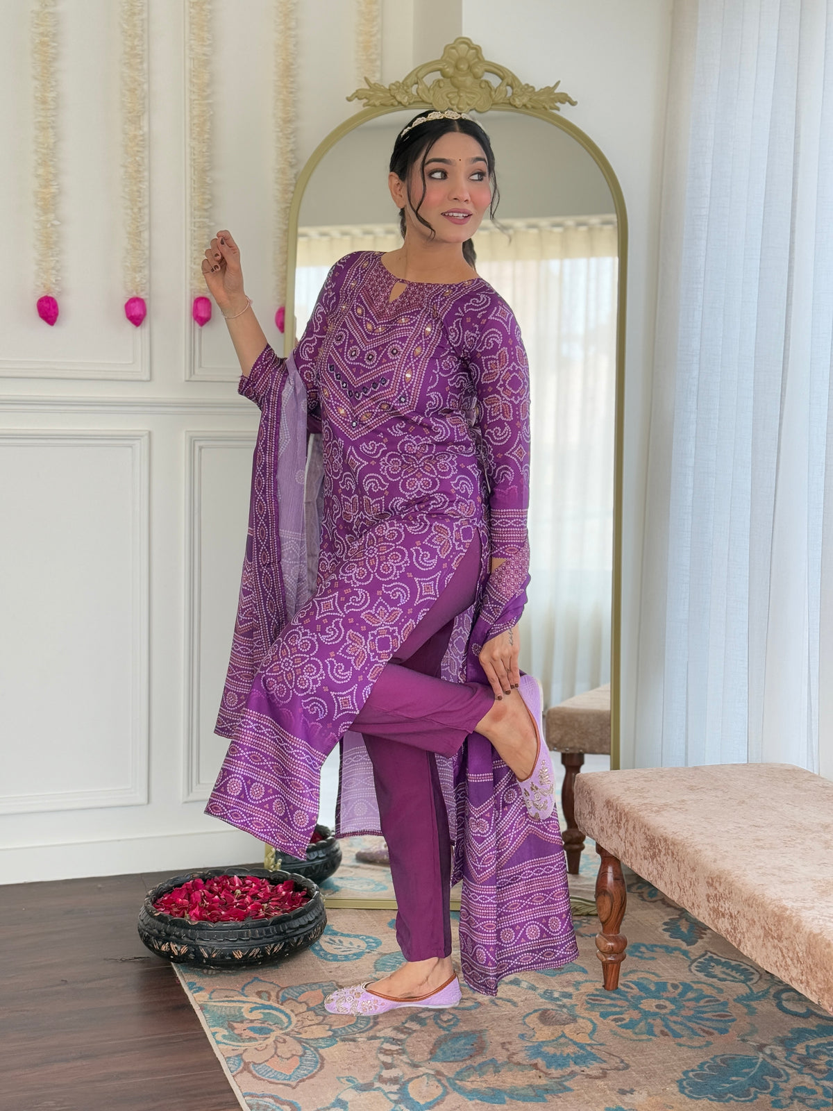 Purple Hand Mirror Work Crepe Kurta Set