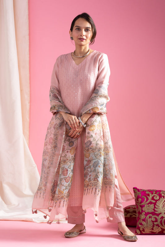 Pink Viscose Chanderi Embroidered Kurta Pant Dupatta Set