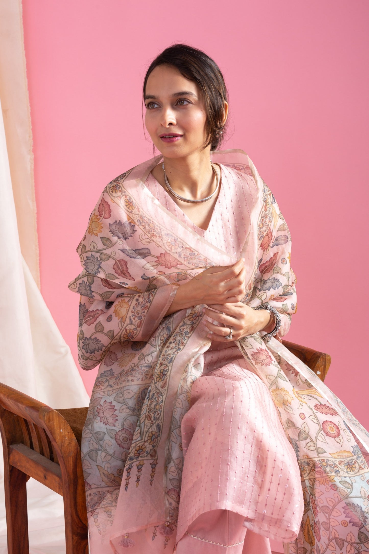 Pink Viscose Chanderi Embroidered Kurta Pant Dupatta Set