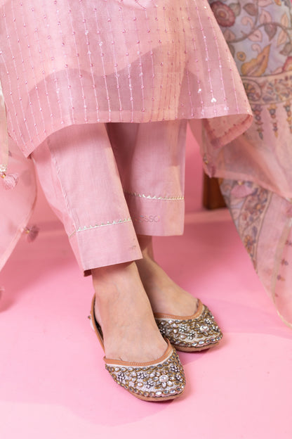 Pink Viscose Chanderi Embroidered Kurta Pant Dupatta Set