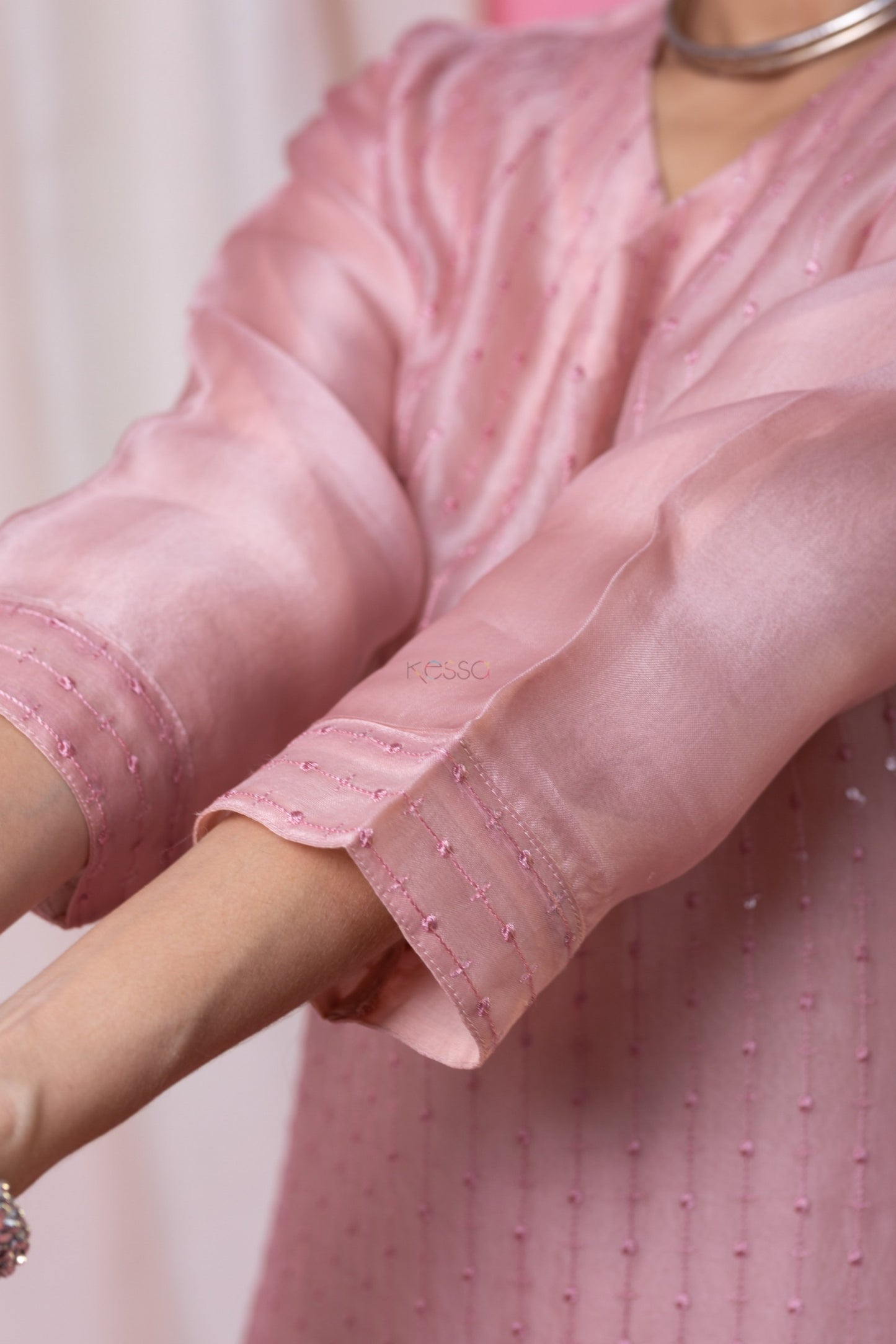 Pink Viscose Chanderi Embroidered Kurta Pant Dupatta Set