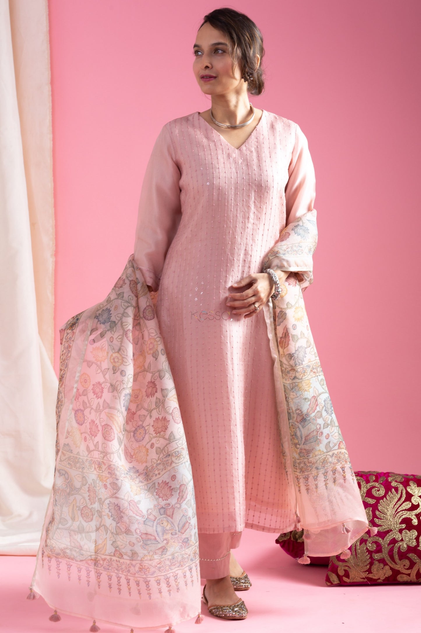 Pink Viscose Chanderi Embroidered Kurta Pant Dupatta Set