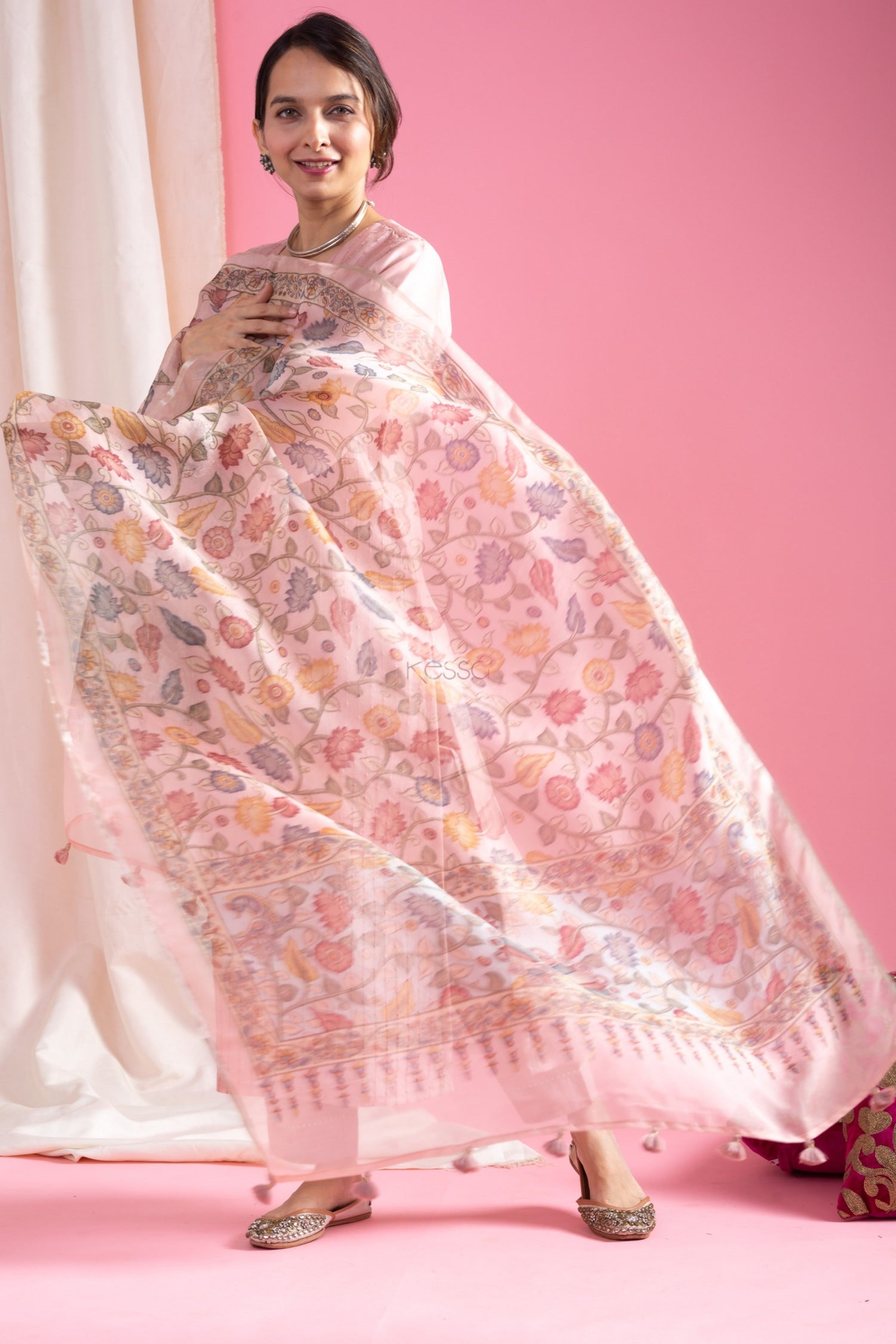 Pink Viscose Chanderi Embroidered Kurta Pant Dupatta Set