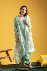 Ocean Pista Viscose Chanderi Embroidered Kurta Pant Dupatta Set