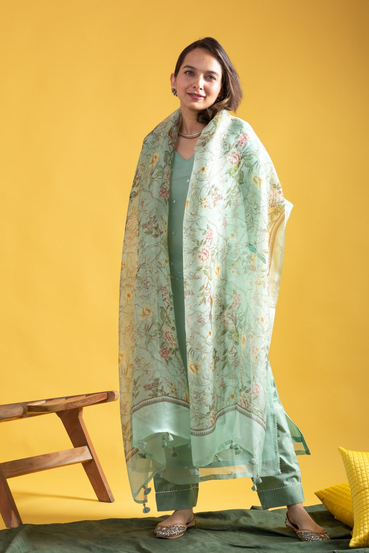 Ocean Pista Viscose Chanderi Embroidered Kurta Pant Dupatta Set