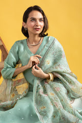 Ocean Pista Viscose Chanderi Embroidered Kurta Pant Dupatta Set