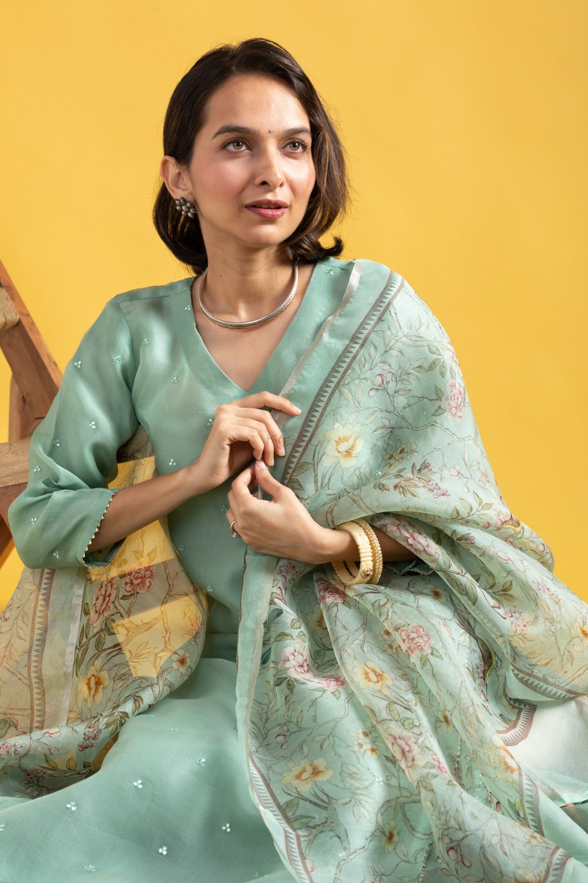 Ocean Pista Viscose Chanderi Embroidered Kurta Pant Dupatta Set