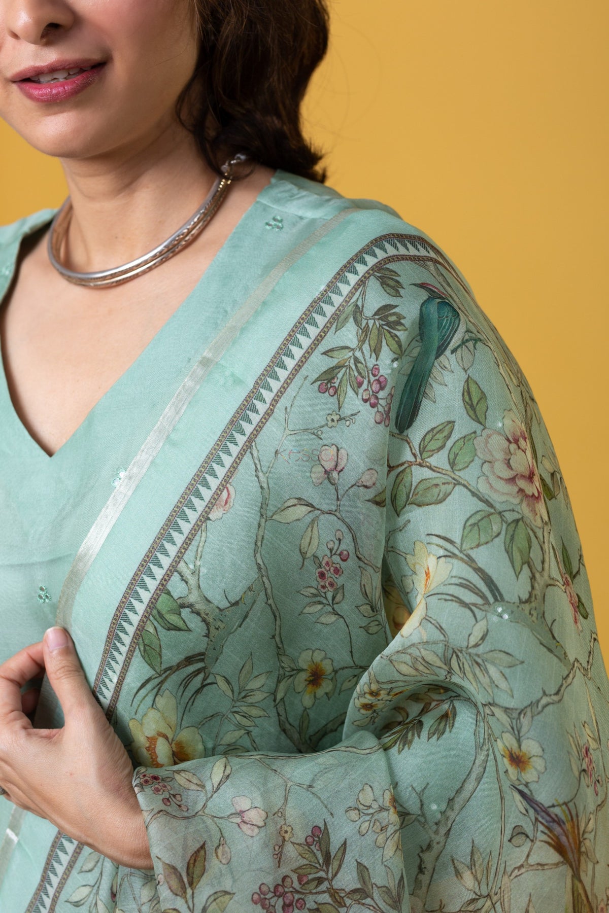 Ocean Pista Viscose Chanderi Embroidered Kurta Pant Dupatta Set
