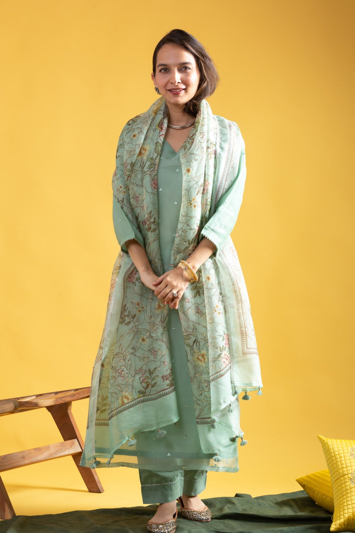 Ocean Pista Viscose Chanderi Embroidered Kurta Pant Dupatta Set