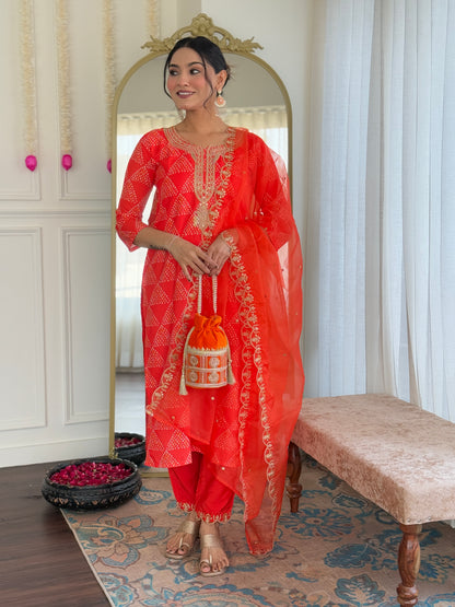 Orange Embroidered French Crepe Kurta Set