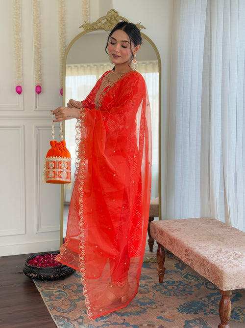 Orange Embroidered French Crepe Kurta Set