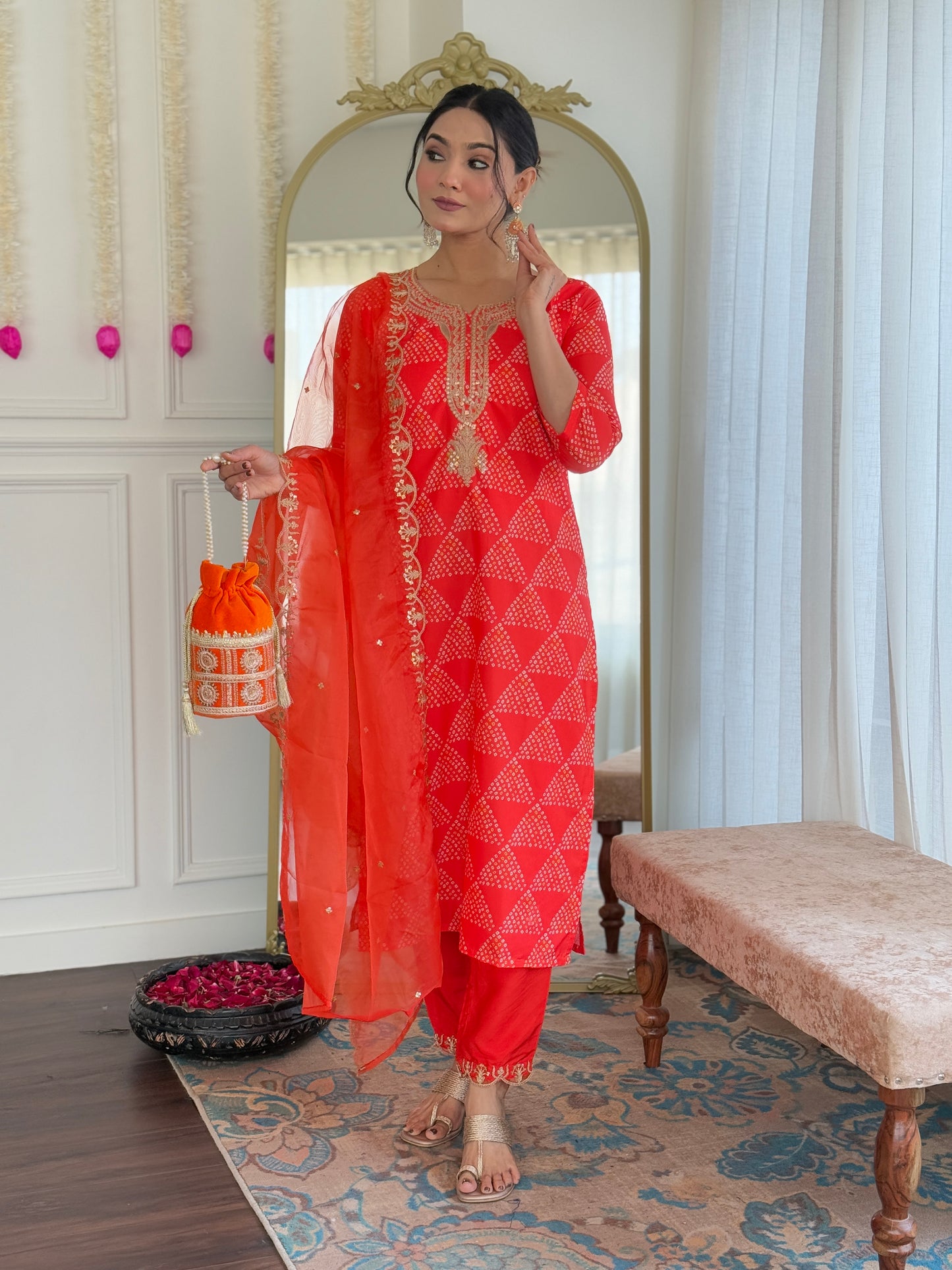 Orange Embroidered French Crepe Kurta Set