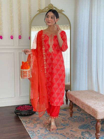 Orange Embroidered French Crepe Kurta Set