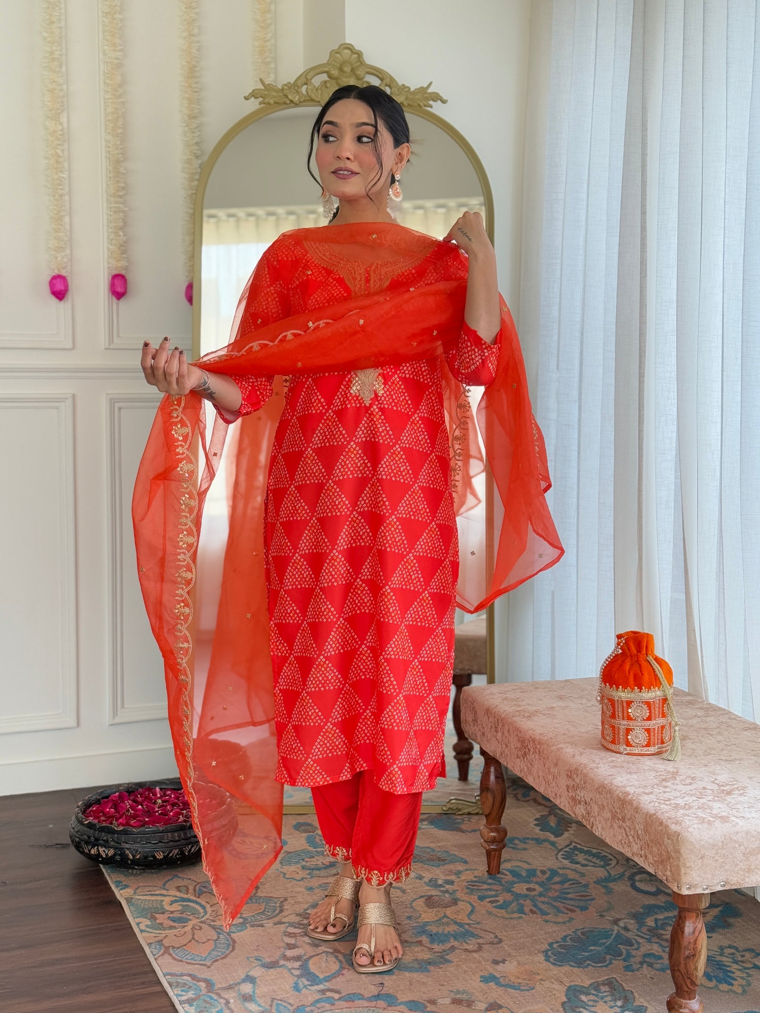 Orange Embroidered French Crepe Kurta Set