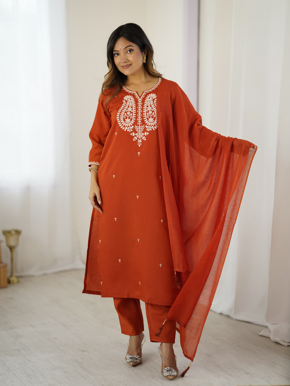 Rust Orange Chanderi Silk Embroidered Kurta Set