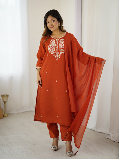 Rust Orange Chanderi Silk Embroidered Kurta Set