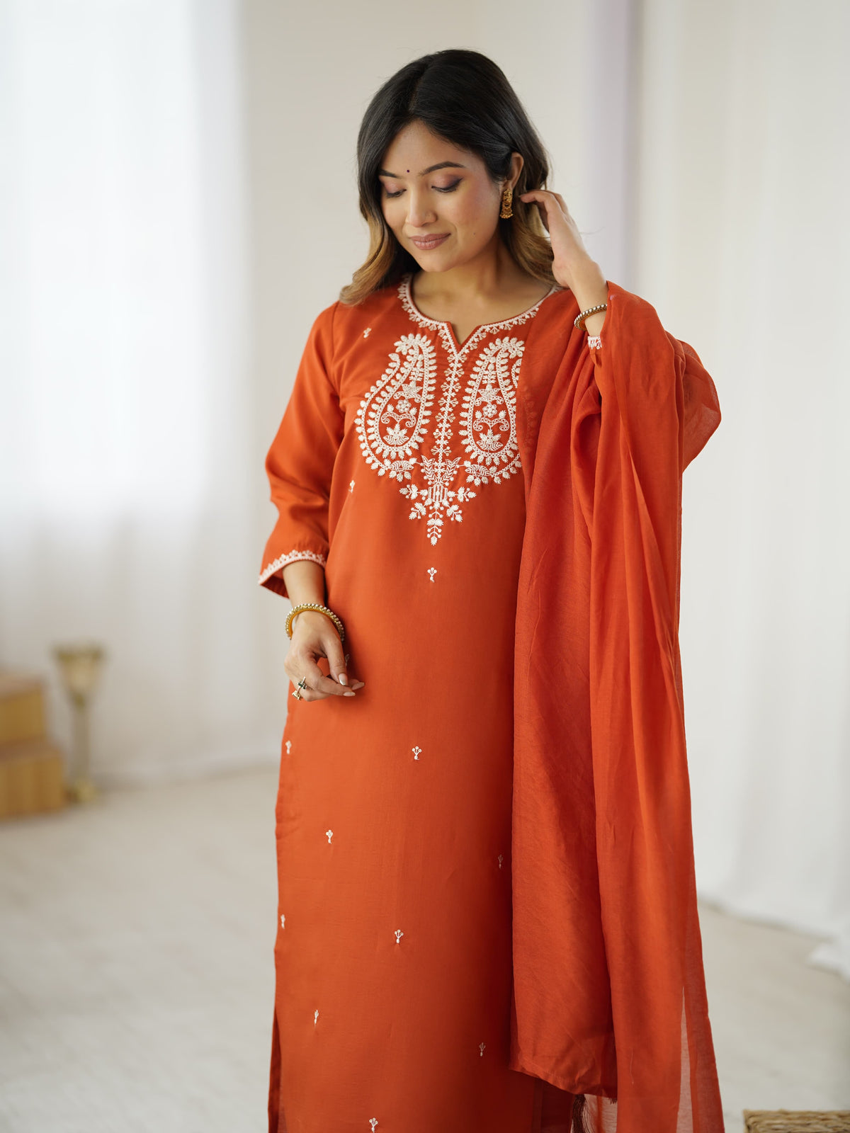 Rust Orange Chanderi Silk Embroidered Kurta Set