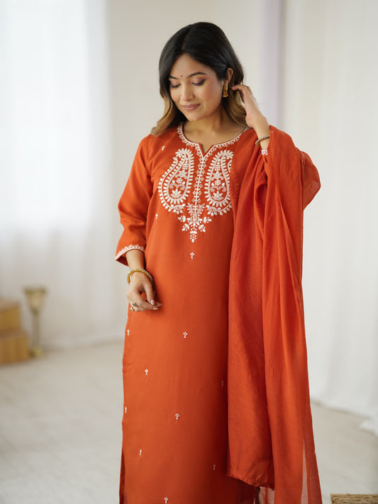 Rust Orange Chanderi Silk Embroidered Kurta Set