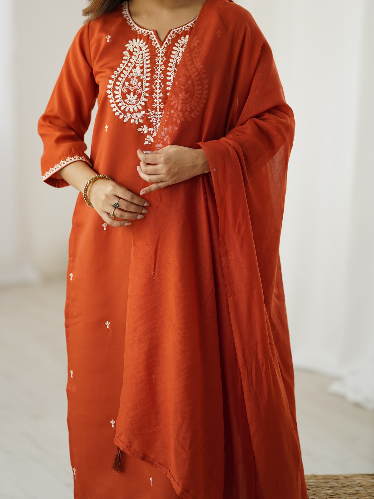 Rust Orange Chanderi Silk Embroidered Kurta Set
