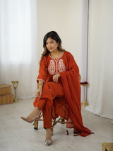 Rust Orange Chanderi Silk Embroidered Suit Set
