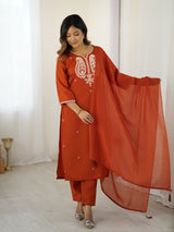 Rust Orange Chanderi Silk Embroidered Kurta Set