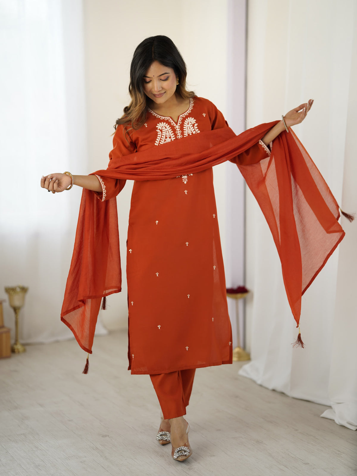 Rust Orange Chanderi Silk Embroidered Kurta Set