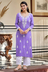 Lavender Embroidered Rayon Kurta Set